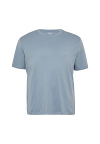 Lichtblauwe katoenen T-shirt met korte mouwen, ronde hals en een klein logo op de linkerborst. Effen textuur, casual ontwerp.