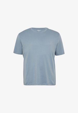 T-shirt in cotone azzurro chiaro con maniche corte, collo rotondo e un piccolo logo sul petto sinistro. Texture liscia, design casual.