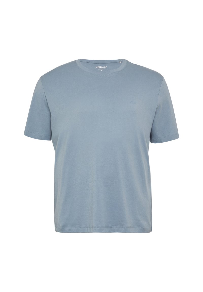 Lichtblauwe katoenen T-shirt met korte mouwen, ronde hals en een klein logo op de linkerborst. Effen textuur, casual ontwerp.