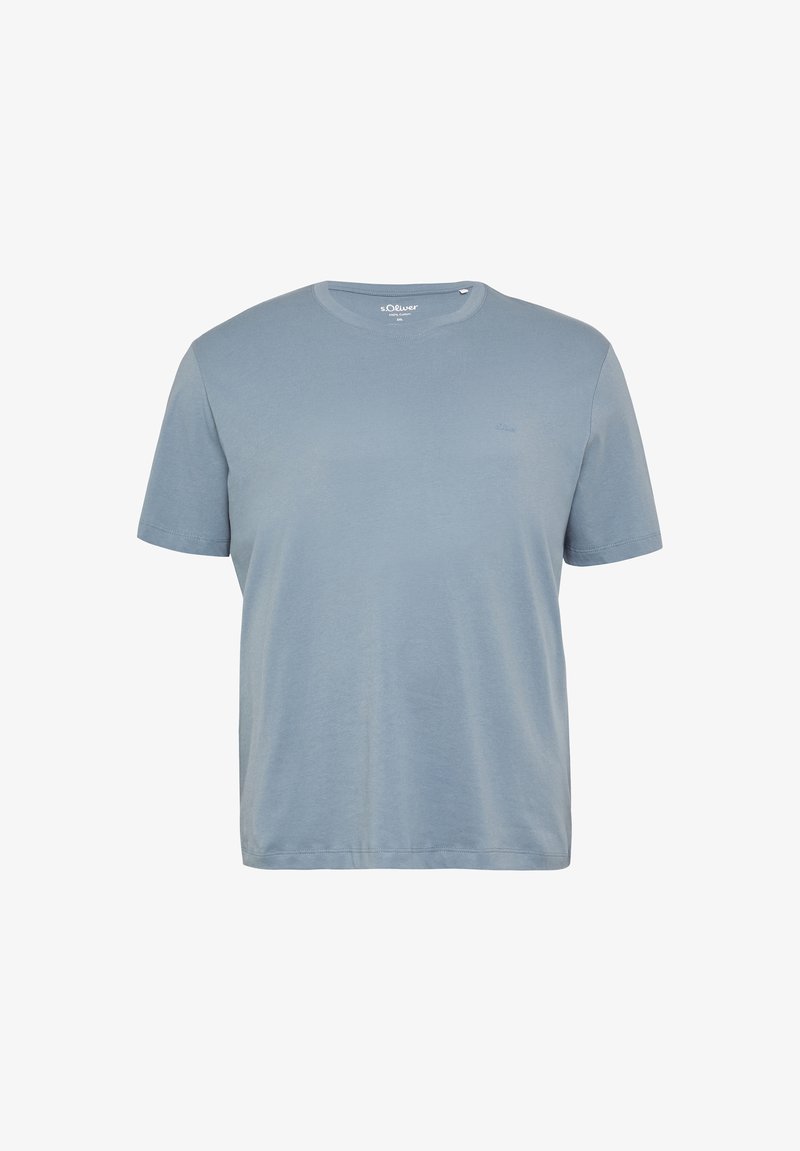 Gaiši zila kokvilnas T-krekls ar īsām piedurknēm, apaļu kaklu un mazu logotipu kreisajā krūtī. Gluda tekstūra, ikdienišķs dizains.