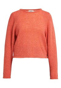 Īsām piedurkņu, īss krekls spilgtā korallkrāsā, izgatavots no struktūru adījuma auduma ar apaļu kakla izgriezumu un ribotiem roku galiem.