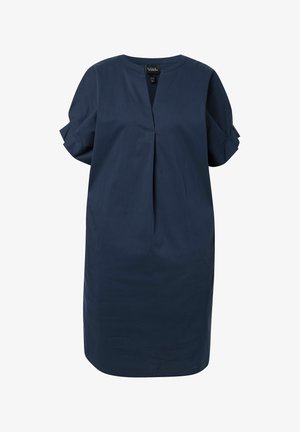 Dunkelblaues Kleid mit kurzen Ärmeln, Rundhalsausschnitt, vorderer Falte und gefalteten Manschettendetails an den Ärmeln, knielang.