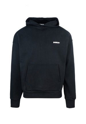 Hoodie en coton noir avec une poche avant, des poignets et un ourlet côtelés, présentant le logo blanc "BARROW" sur la poitrine. Texture lisse et design décontracté.