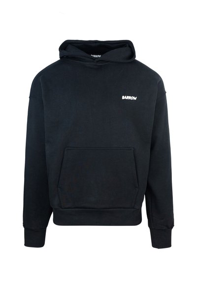 Hoodie en coton noir avec une poche avant, des poignets et un ourlet côtelés, présentant le logo blanc "BARROW" sur la poitrine. Texture lisse et design décontracté.