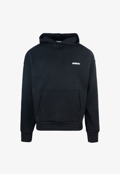 Hoodie en coton noir avec une poche avant, des poignets et un ourlet côtelés, présentant le logo blanc "BARROW" sur la poitrine. Texture lisse et design décontracté.