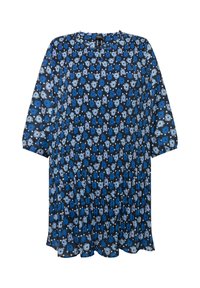 Sininen kukkakuosiset mekko rentoa muotoa, pitkät hihat, ryppytys kaula-aukoissa ja pleatattua tekstuuria. Sisältää rohkeita sinisiä ja vaaleansinisiä kuvioita.