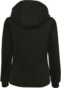 Black sweatshirt with a hood, featuring a smooth texture and ribbed cuffs, displaying a simple design without any visible logos or patterns.