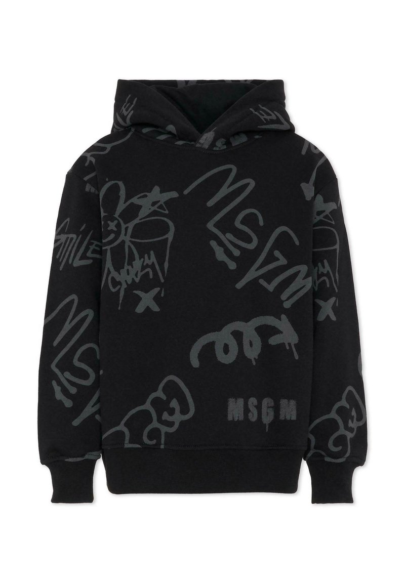 Felpa nera con cappuccio caratterizzata da sovrapposizioni di testo e design in stile graffiti grigio. Realizzata in materiale morbido con una tasca frontale a kangaroo.