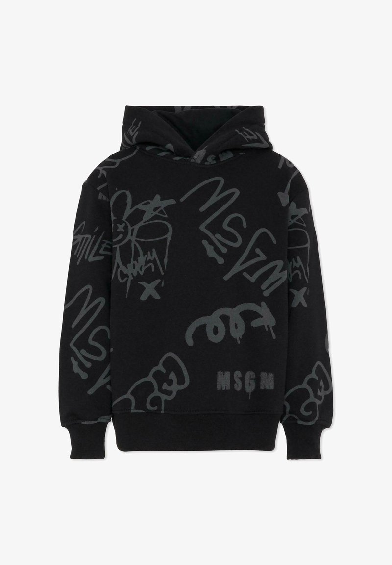 Felpa nera con cappuccio caratterizzata da sovrapposizioni di testo e design in stile graffiti grigio. Realizzata in materiale morbido con una tasca frontale a kangaroo.