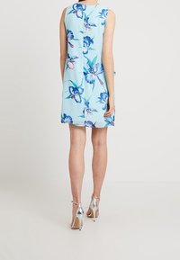 Robe bleu clair sans manches avec un motif floral en nuances de bleu et rose, ourlet droit et couture centrale au dos. Escarpins argentés.