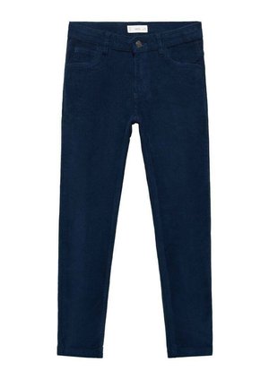 Marineblå kordfløjls bukser med smal pasform, frontknap, lynlås, bæltestropper samt lommer foran og bagpå.