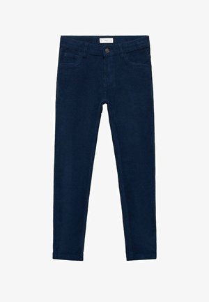 Laivastonsiniset puuvillahousut, kapeneva istuvuus, edessä nappi- ja vetoketjusulku, vyölenkit sekä edessä ja takana taskut.