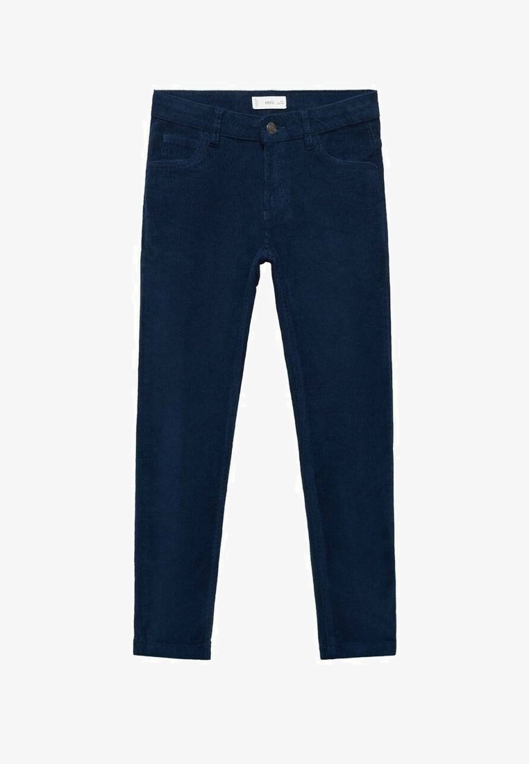 Pantalon slim en velours côtelé bleu marine avec bouton frontal, fermeture éclair, passants pour ceinture, et poches avant et arrière.