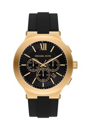 Montre chronographe en acier inoxydable ton or avec bracelet en caoutchouc noir. Cadran texturé noir avec des indicateurs et sous-cadrans dorés, comprenant une fenêtre de date.