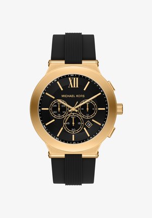 Zegarek chronograf ze stali nierdzewnej w kolorze złota z czarnym gumowym paskiem. Czarna teksturowana tarcza posiada złote indeksy i subtarczki oraz okienko daty.