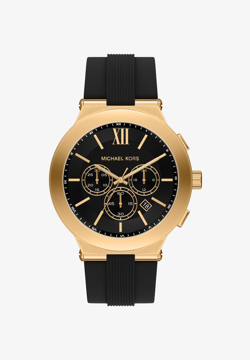 Reloj cronógrafo de acero inoxidable con acabado en tono dorado y correa de caucho negra. Esfera texturizada negra con marcadores dorados y subesferas, además de ventana de fecha.