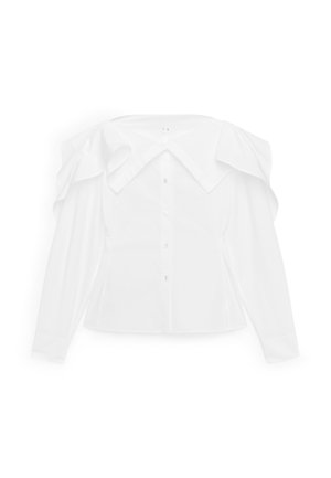 Weißes langärmliges Hemd mit Knopfleiste, übergroßem weitem Kragen und strukturierten Rüschendetails an den Schultern.