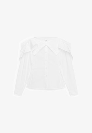 Weißes langärmliges Hemd mit Knopfleiste, übergroßem weitem Kragen und strukturierten Rüschendetails an den Schultern.