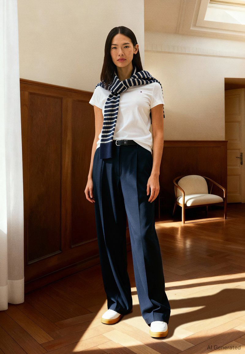 Bela bombažna majica, temno modre široke hlače in temno modra šal s črtami, ovit čez ramena; bele superge z rumenimi podplati.