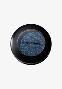 MAC Lidschatten in einem runden schwarzen Behälter. Enthält glitzernde blaue Partikel, die in verschiedenen Farbtönen schimmern. Klare Abdeckung für Sichtbarkeit des Produkts.