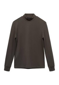 Top de cuello alto de manga larga en marrón oscuro, hecho de una tela suave, presenta un cuello ajustado y puños acanalados, con un dobladillo inferior recto.