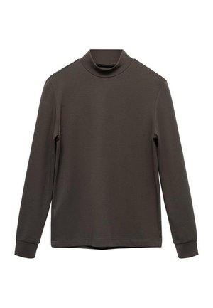 Mörkbrun långärmad polotröja av mjukt material, med en åtsittande krage och ribbade muddar, samt raka snitt i nederkanten.