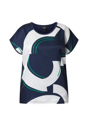 Blouse bleu marine à manches courtes avec de grands motifs courbes abstraits blancs et verts, et un col rond.