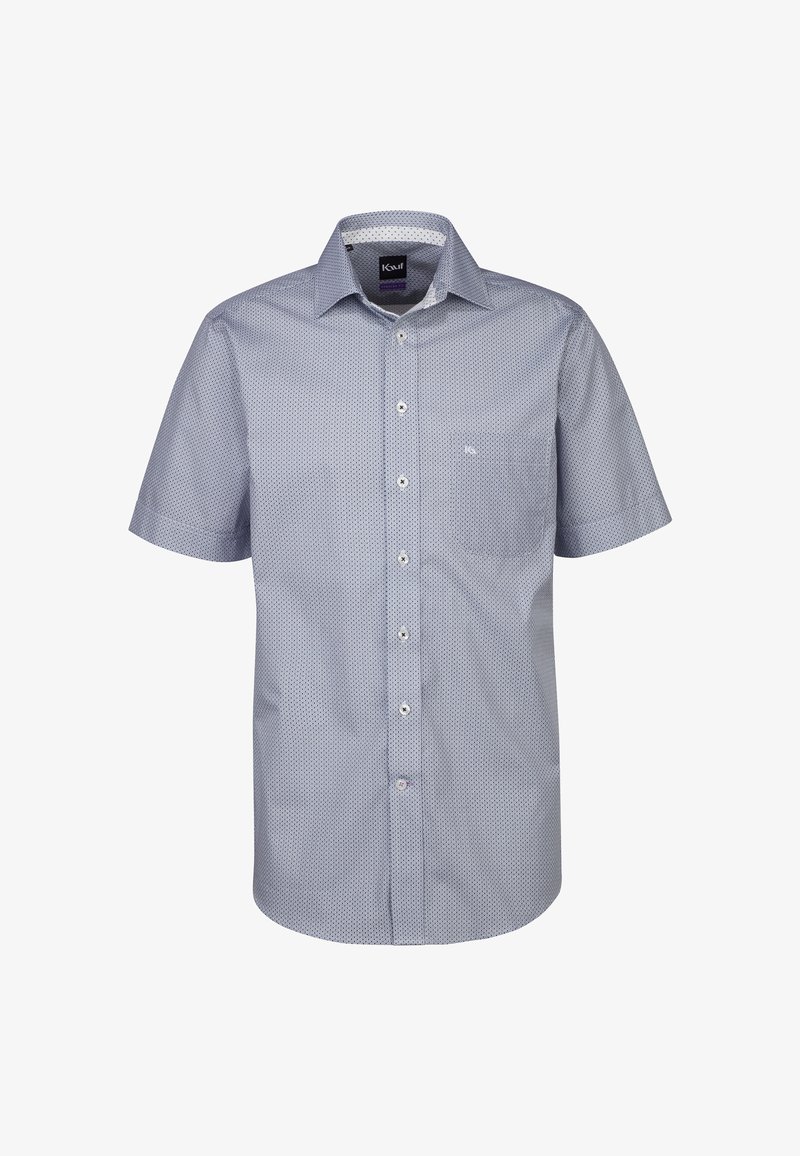 Camicia a maniche corte con bottoni in tessuto azzurro chiaro con un motivo a pois sottile, dotata di una piccola tasca e colletto classico.