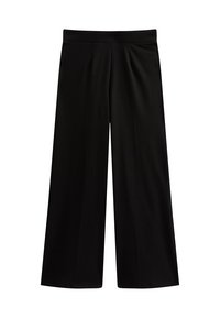 Pantalons larges noirs en tissu lisse avec une taille élastique et un devant plissé pour un ajustement décontracté. Pas de poches ni de matériel visible.