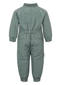 Polstret jumpsuit i myk grønn stoff, med elastiske mansjetter og midjebånd, horisontale sømmer og subtile dekorative detaljer.
