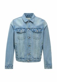 Hellblaues Jeansjacke mit einem Kragen, Knopfverschluss, zwei Brusttaschen und Seitentaschen. Besitzt eine klassische Passform und strukturierter Stoff.