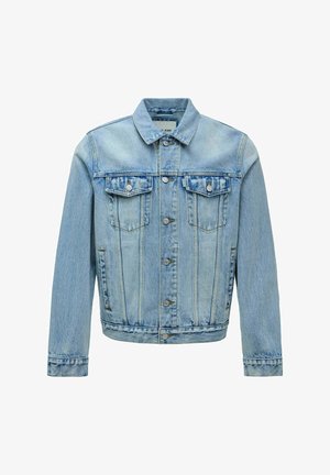 Jasnoniebieska kurtka dżinsowa z kołnierzykiem, z zapięciem na guziki, dwiema kieszeniami na piersi i kieszeniami bocznymi. Charakteryzuje się klasycznym krojem i teksturowanym materiałem.