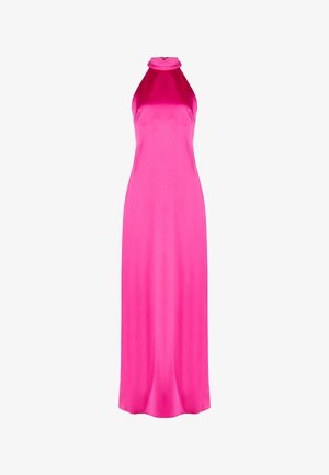 Abito senza maniche in satin rosa acceso con collo alto a halter e silhouette dritta fino a terra.