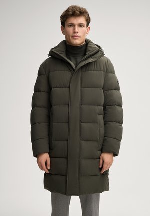 Olive green puffer coat with a high collar, quilted design, and side pockets. Features a zip front and a hood, extending to mid-thigh.