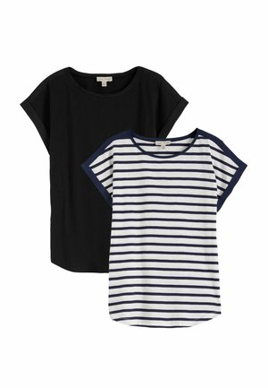Two short-sleeve women's tops: one solid black, one white with navy horizontal stripes and navy trim on sleeves and collar.