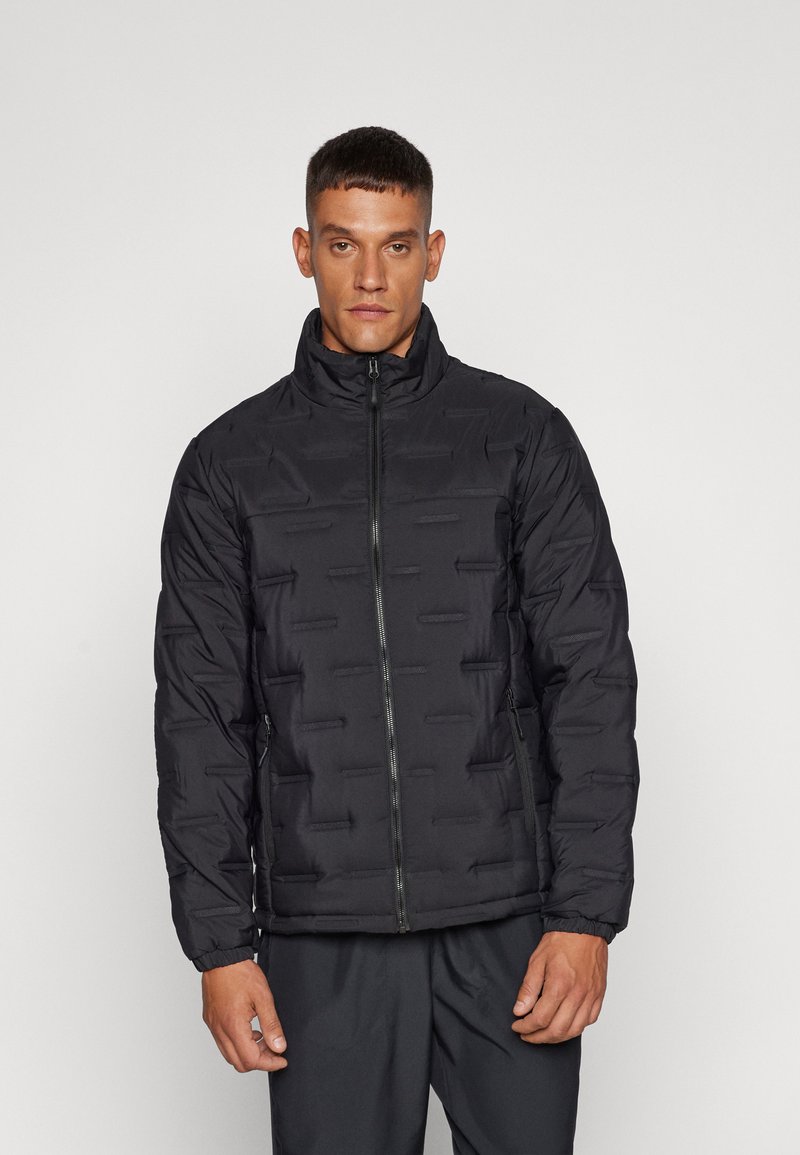 Black puffer jacket made of soft, quilted fabric with a stand-up collar and zip closure; features textured accents and elastic cuffs.