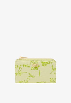 Jasnozielony portfel na suwak z teksturowanym wzorem i napisem w stylu odręcznym w limonkowym kolorze, z pozłacanym logo "Bimba y Lola".