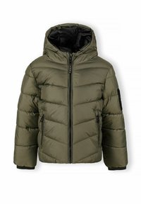 Veste rembourrée vert olive avec capuche, fermeture éclair à l'avant, deux poches latérales et poignets élastiques. Comprend une texture matelassée et une doublure intérieure noire.