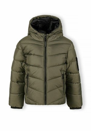 Veste rembourrée vert olive avec capuche, fermeture éclair à l'avant, deux poches latérales et poignets élastiques. Comprend une texture matelassée et une doublure intérieure noire.