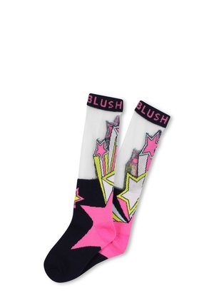 Knielange sokken met een transparante witte bovenkant, een effen zwarte hak en heldere roze sterpatronen met 'BLUSH' in het roze op de boord.