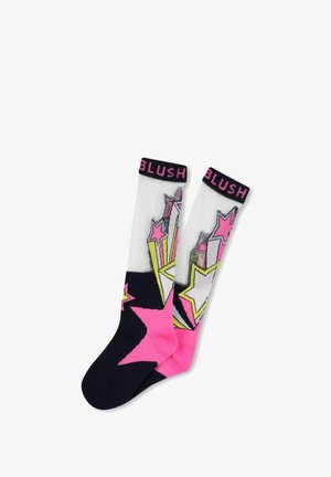 Chaussettes montantes avec une partie supérieure transparente blanche, un talon noir uni et des motifs d'étoiles roses vives avec le texte "BLUSH" en rose sur le revers.