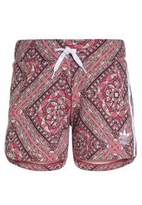 Plavky v geometrickém vzoru v růžové, kr émové a černé barvě. Mají bílou šňůrku a postranní akcenty.