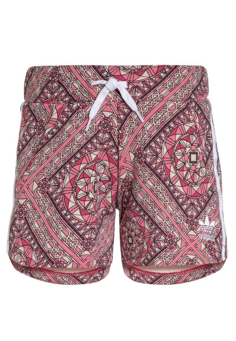 Plavky v geometrickém vzoru v růžové, krémové a černé barvě. Mají bílou šňůrku a postranní akcenty.