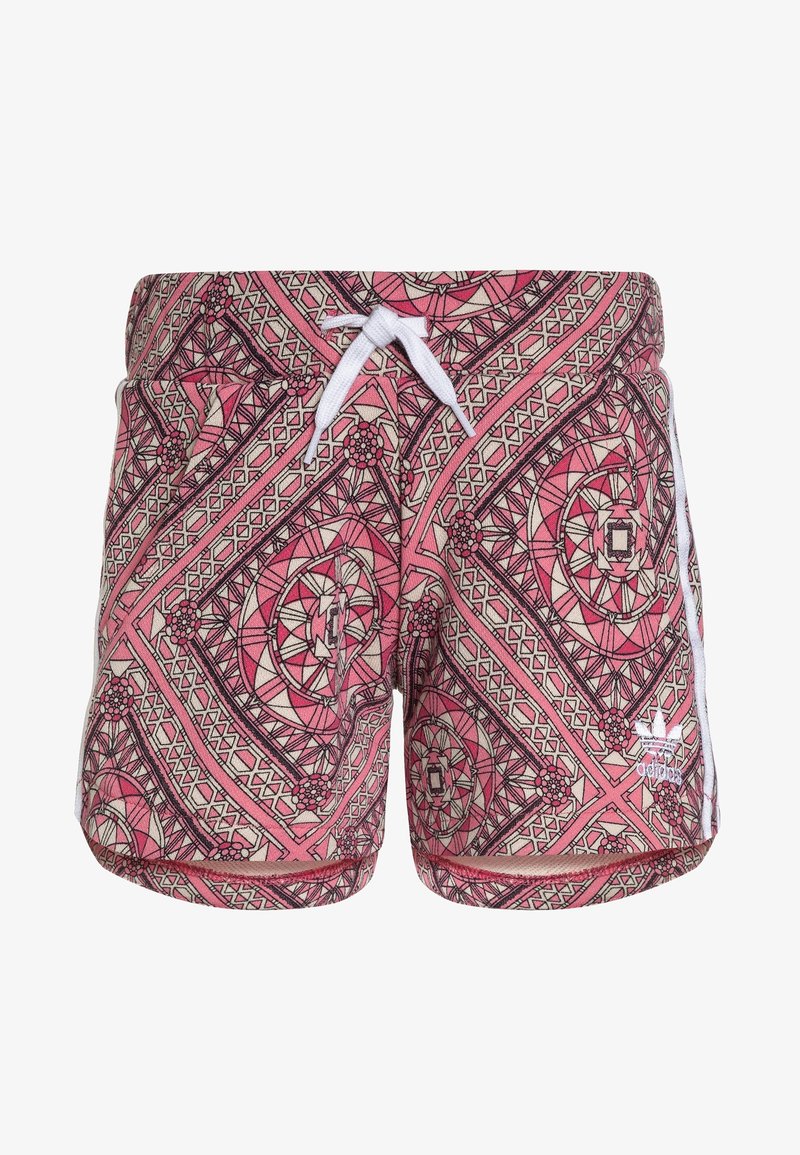 Swim shorts in a geometric pattern with pink, cream, and black colors. Features a white drawstring and side accents.