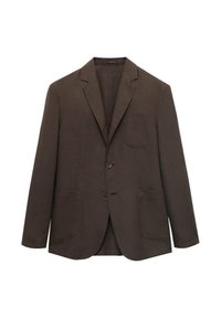 Brązowa lniana marynarka z wyciętym klapem, dwoma przednimi kieszeniami i dwoma guzikami. Posiada pojedynczą kieszeń na piersi oraz teksturowaną tkaninę.