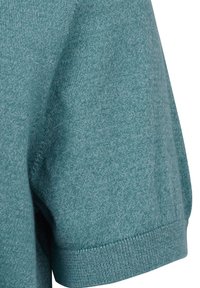 Teal knitted short-sleeve garment featuring a soft texture and ribbed cuffs, with a slight sheen and a relaxed fit.