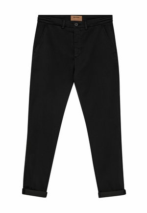 Black cotton chinos with a straight fit, featuring a button closure, front pockets, and rolled-up cuffs. Smooth texture with minimal accents.