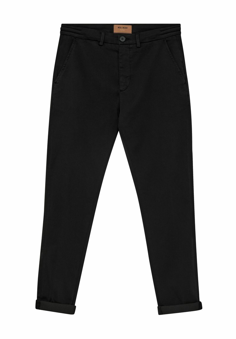 Schwarze Baumwoll-Chinos mit geradem Schnitt, ausgestattet mit einem Knopfverschluss, Fronttaschen und hochgekrempelten Säumen. Glatte Textur mit minimalen Akzenten.
