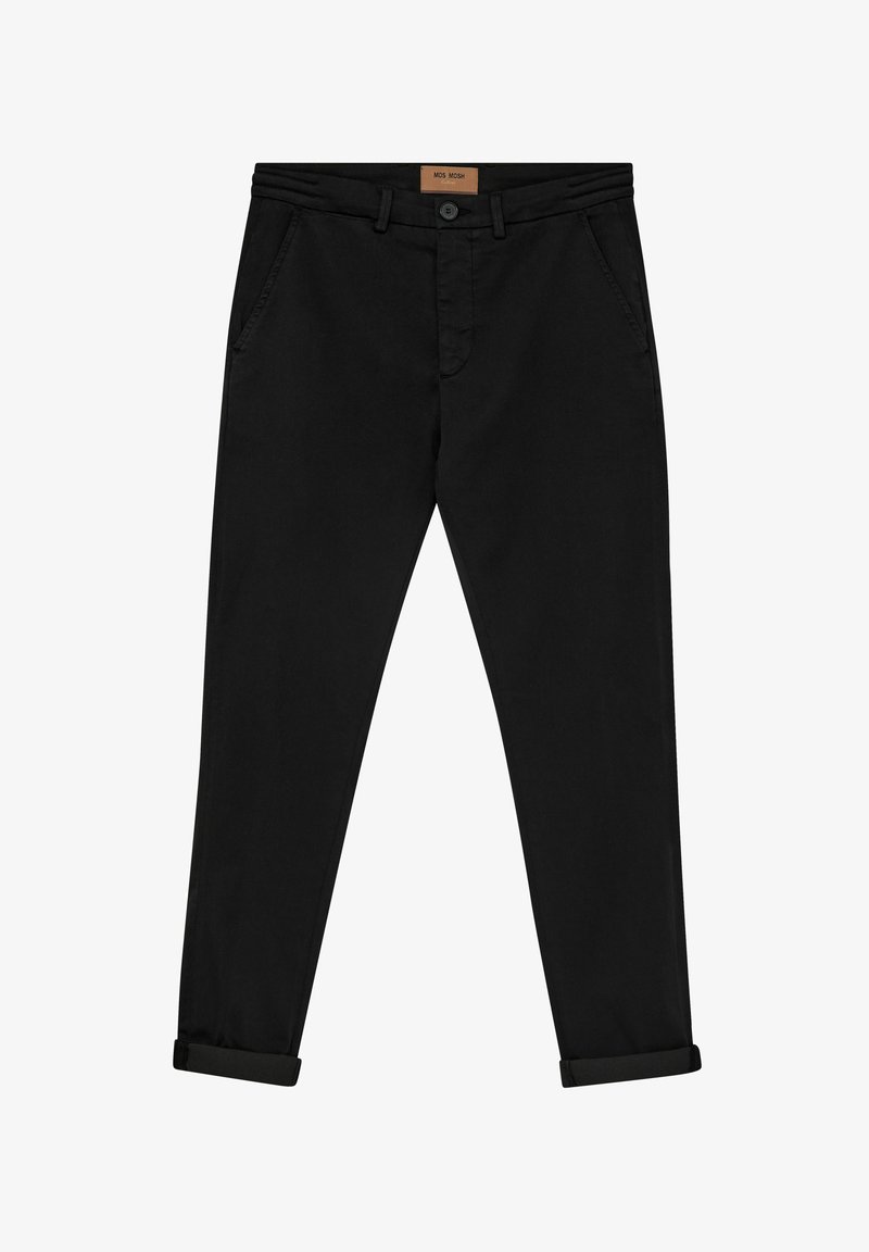 Black cotton chinos with a straight fit, featuring a button closure, front pockets, and rolled-up cuffs. Smooth texture with minimal accents.