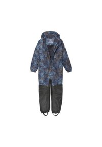 Vanntett barnedress i blå og svart digital camo-mønster, med hette, elastiske mansjetter og justerbare stropper ved anklene.